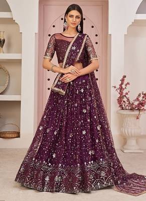 Wine Net Embroidered & Zari Work Semi Stitched Lehenga Choli 1