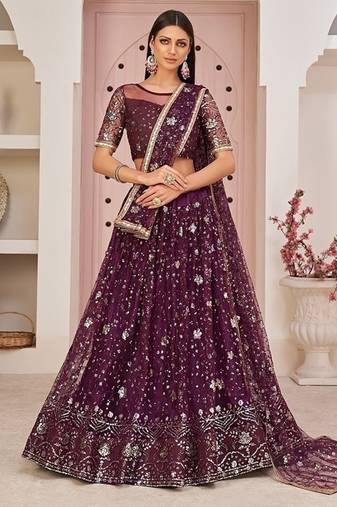 Wine Net Embroidered & Zari Work Semi Stitched Lehenga Choli