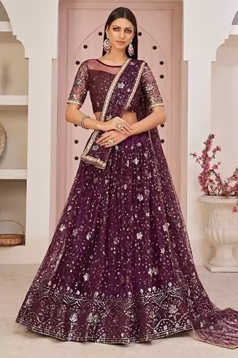 Wine Net Embroidered & Zari Work Semi Stitched Lehenga Choli