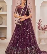 Wine Net Embroidered & Zari Work Semi Stitched Lehenga Choli