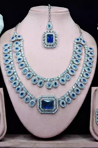 Blue rhodium premium designer american diamond and stone work necklace set