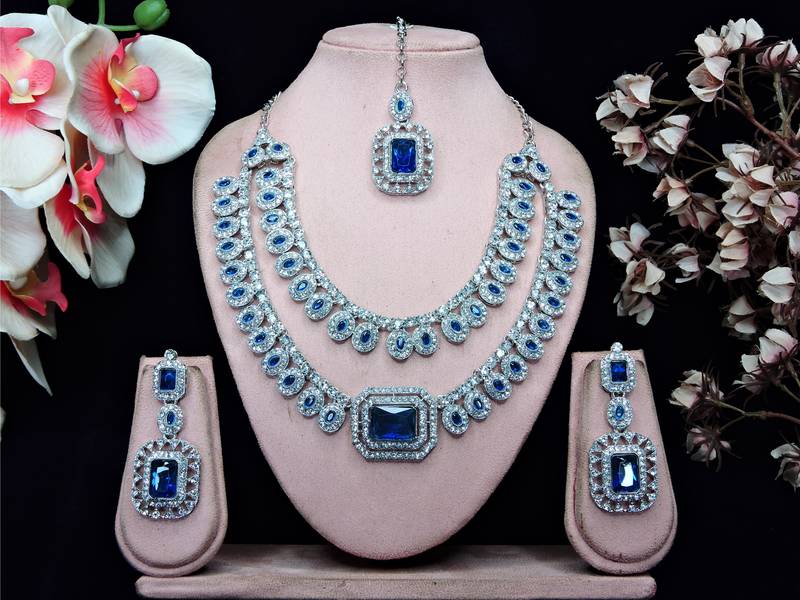 Blue rhodium premium designer american diamond and stone work necklace set