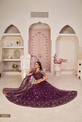 Wine Net Embroidered & Zari Work Semi Stitched Lehenga Choli 2
