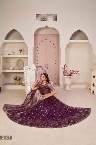 Wine Net Embroidered & Zari Work Semi Stitched Lehenga Choli