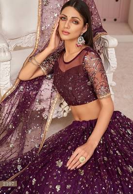 Wine Net Embroidered & Zari Work Semi Stitched Lehenga Choli 3