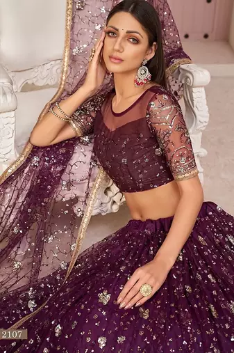 Wine Net Embroidered & Zari Work Semi Stitched Lehenga Choli