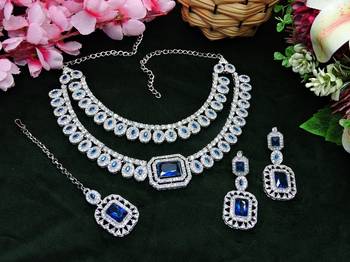 Blue rhodium premium designer american diamond and stone work necklace set 2