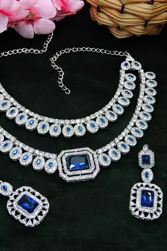 Blue rhodium premium designer american diamond and stone work necklace set