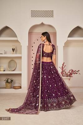 Wine Net Embroidered & Zari Work Semi Stitched Lehenga Choli 4