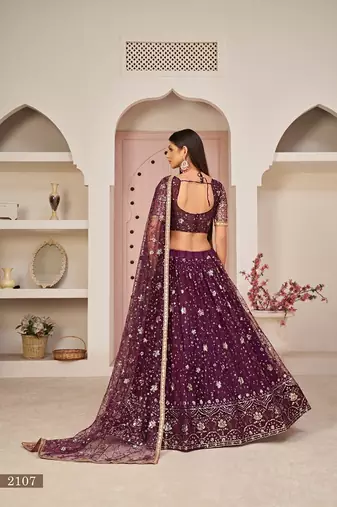 Wine Net Embroidered & Zari Work Semi Stitched Lehenga Choli