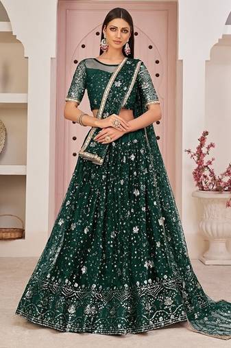 Green Net Embroidered & Zari Work Semi Stitched Lehenga Choli