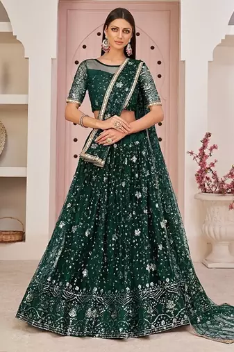 Green Net Embroidered & Zari Work Semi Stitched Lehenga Choli