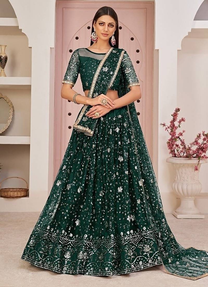 Green Net Embroidered & Zari Work Semi Stitched Lehenga Choli