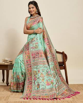 sea green minakari and zari work color ful border silk blend saree with blouse 1