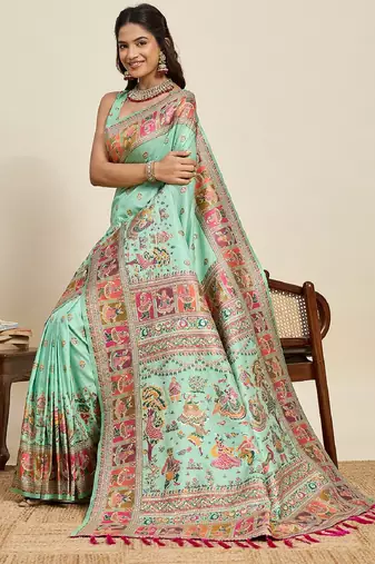 sea green minakari and zari work color ful border silk blend saree with blouse