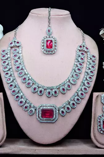 Pink rhodium premium designer american diamond and stone work necklace set