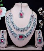 Pink rhodium premium designer american diamond and stone work necklace set