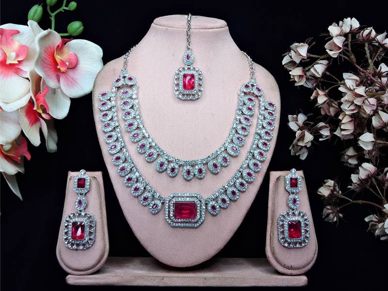 Pink rhodium premium designer american diamond and stone work necklace set