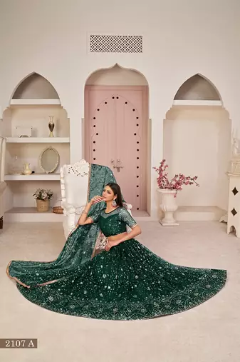 Green Net Embroidered & Zari Work Semi Stitched Lehenga Choli