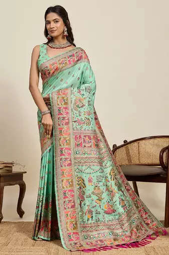 sea green minakari and zari work color ful border silk blend saree with blouse