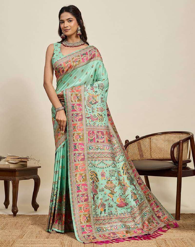 sea green minakari and zari work color ful border silk blend saree with blouse