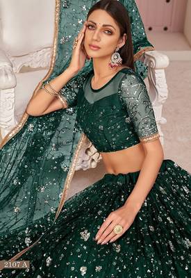 Green Net Embroidered & Zari Work Semi Stitched Lehenga Choli 3
