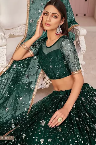 Green Net Embroidered & Zari Work Semi Stitched Lehenga Choli