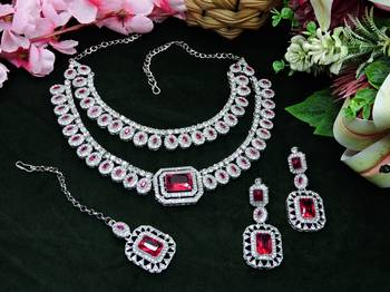 Pink rhodium premium designer american diamond and stone work necklace set 2
