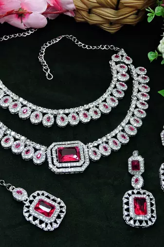 Pink rhodium premium designer american diamond and stone work necklace set
