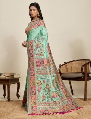 sea green minakari and zari work color ful border silk blend saree with blouse 3