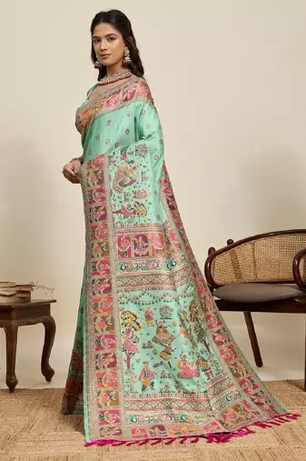 sea green minakari and zari work color ful border silk blend saree with blouse