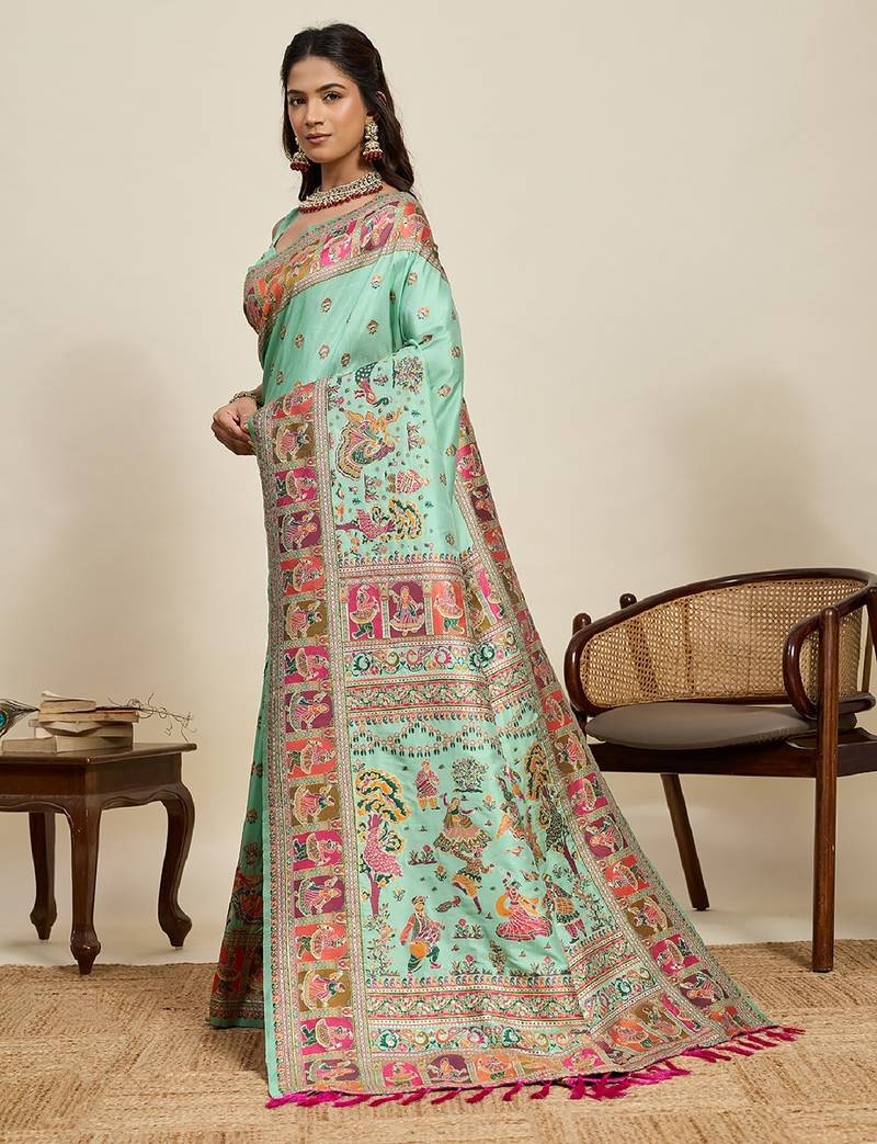 sea green minakari and zari work color ful border silk blend saree with blouse