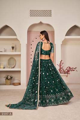 Green Net Embroidered & Zari Work Semi Stitched Lehenga Choli 4