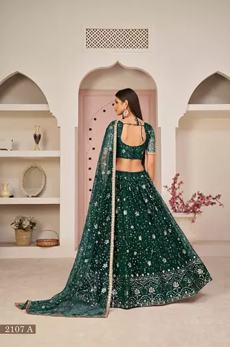 Green Net Embroidered & Zari Work Semi Stitched Lehenga Choli
