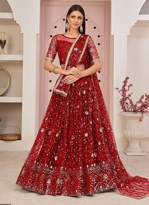 Red Net Embroidered & Zari Work Semi Stitched Lehenga Choli 1