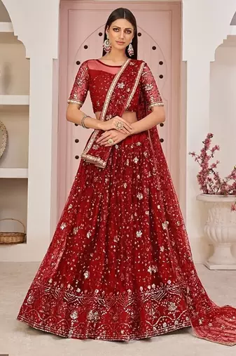 Red Net Embroidered & Zari Work Semi Stitched Lehenga Choli