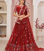 Red Net Embroidered & Zari Work Semi Stitched Lehenga Choli