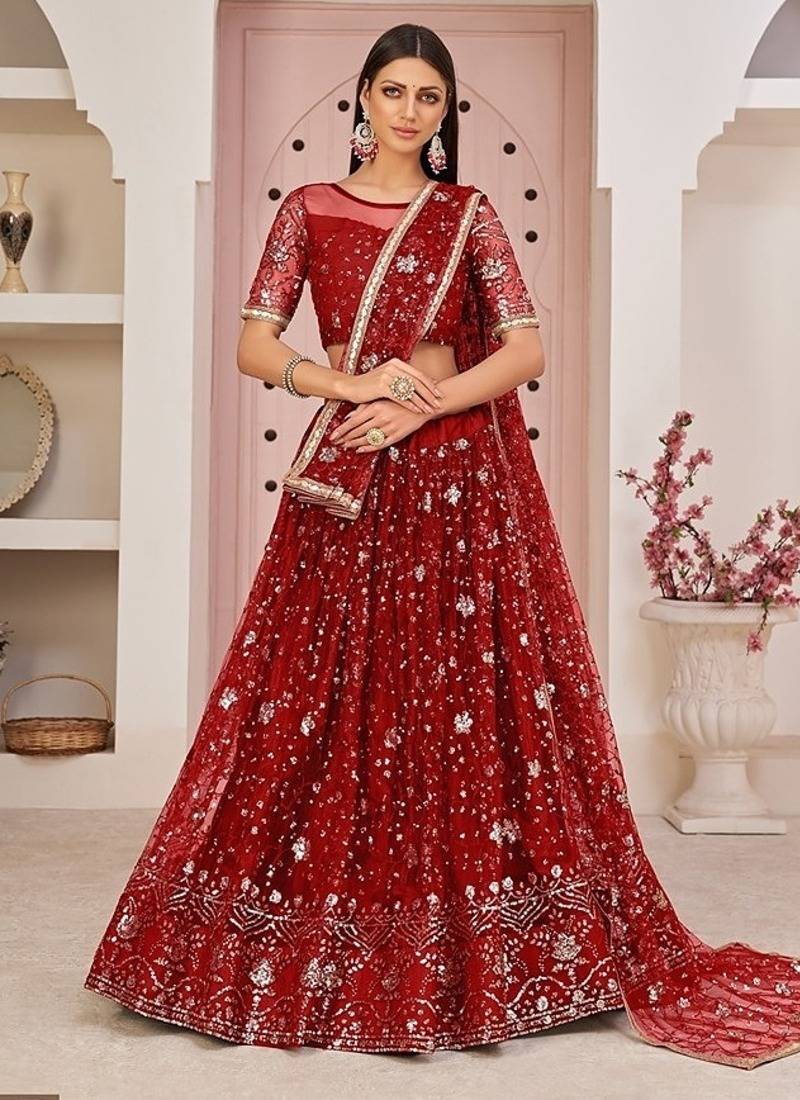 Red Net Embroidered & Zari Work Semi Stitched Lehenga Choli