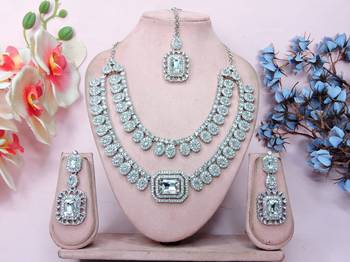 White rhodium premium designer american diamond and stone work necklace set 1