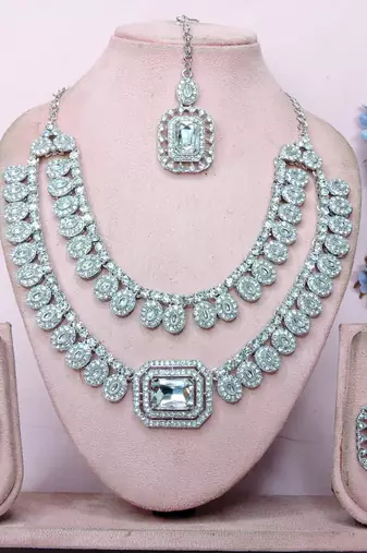 White rhodium premium designer american diamond and stone work necklace set