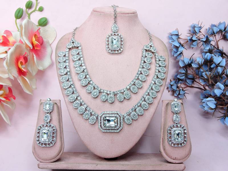 White rhodium premium designer american diamond and stone work necklace set