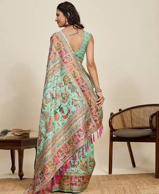 sea green minakari and zari work color ful border silk blend saree with blouse 4