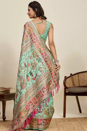 sea green minakari and zari work color ful border silk blend saree with blouse