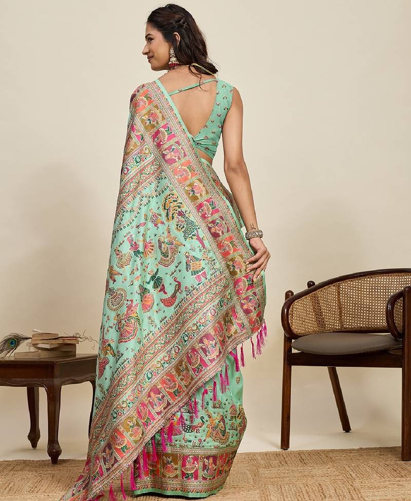 sea green minakari and zari work color ful border silk blend saree with blouse