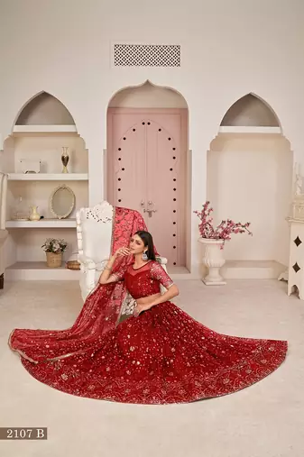Red Net Embroidered & Zari Work Semi Stitched Lehenga Choli