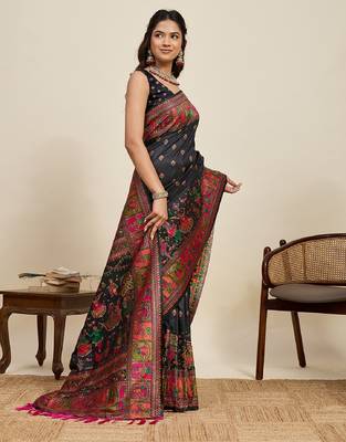 black minakari and zari work ful border silk blend saree with blouse 2