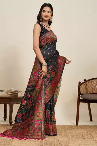 black minakari and zari work ful border silk blend saree with blouse