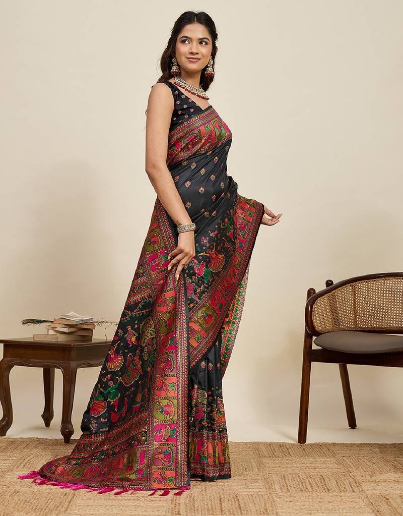 black minakari and zari work ful border silk blend saree with blouse