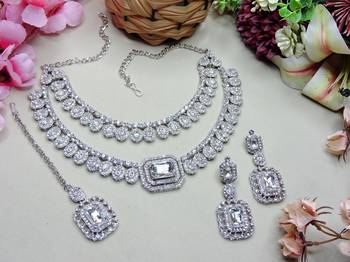 White rhodium premium designer american diamond and stone work necklace set 2