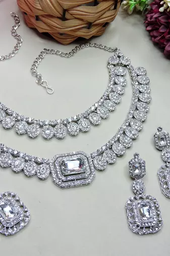 White rhodium premium designer american diamond and stone work necklace set